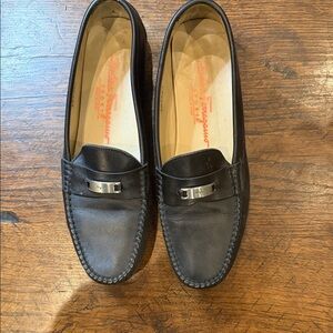 Salvatore Ferragamo Sport Black Leather Loafers with Silver Detail